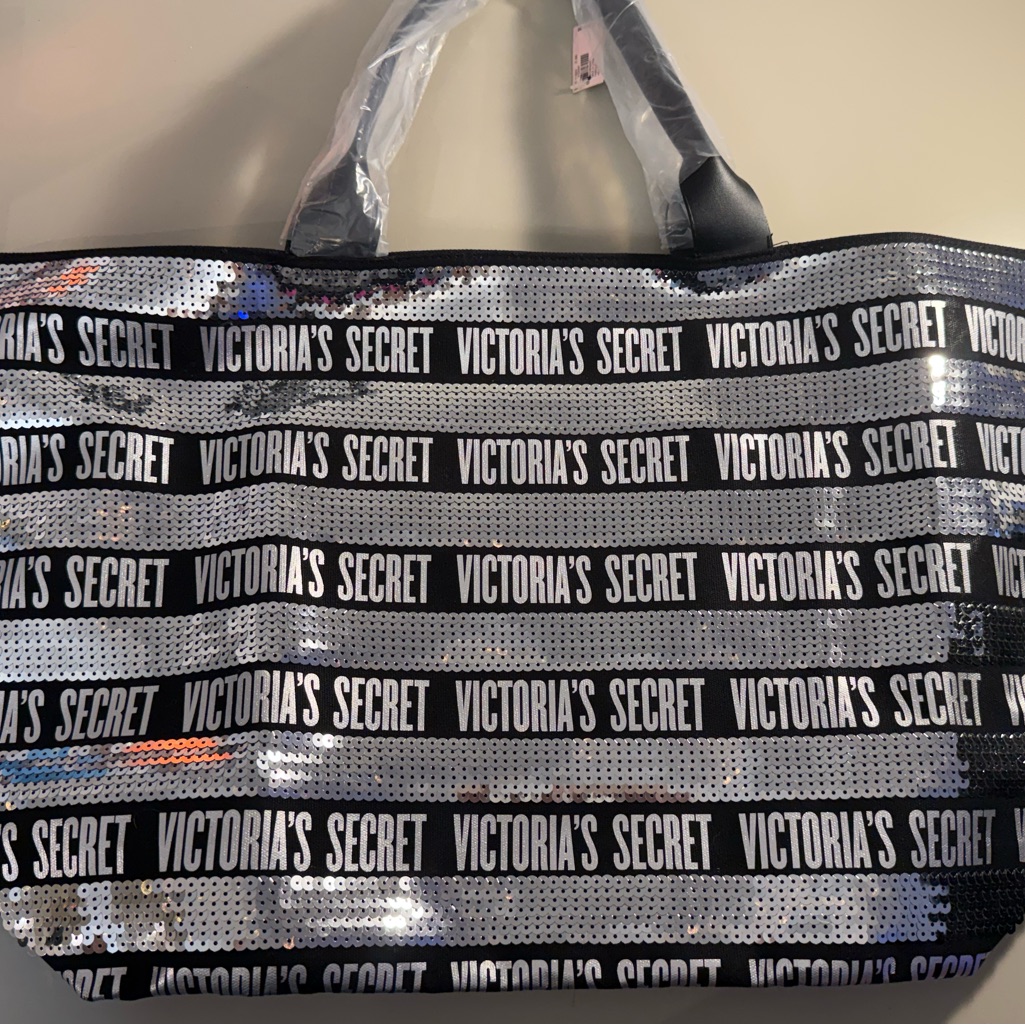 Victoria's Secret Black And Silver Sequin Logo Tote